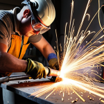 **

A workshop scene featuring a person wearing safety glasses and gloves using an angle grinder to cut a metal pipe. Sparks are flying, and the workbench is cluttered with tools. The focus is on the action and safety precautions.

**