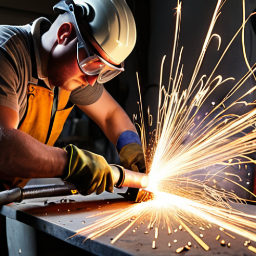**

A workshop scene featuring a person wearing safety glasses and gloves using an angle grinder to cut a metal pipe. Sparks are flying, and the workbench is cluttered with tools. The focus is on the action and safety precautions.

**