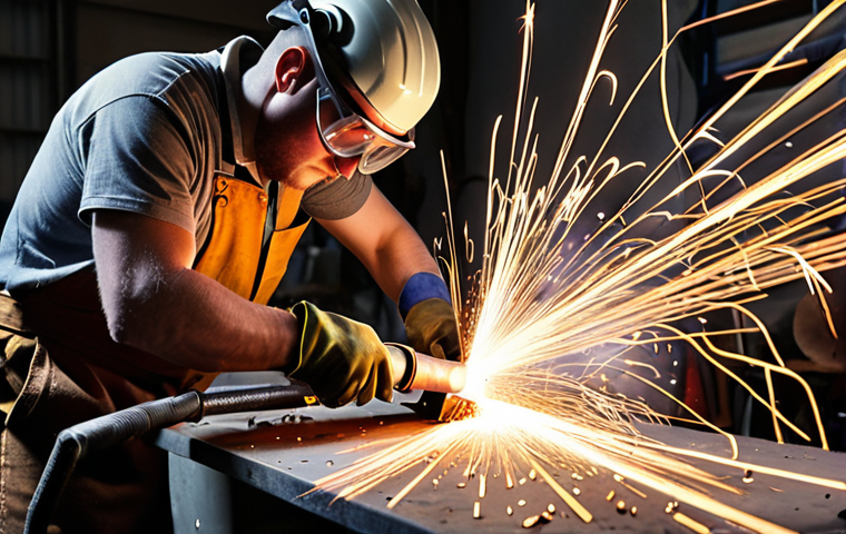 **

A workshop scene featuring a person wearing safety glasses and gloves using an angle grinder to cut a metal pipe. Sparks are flying, and the workbench is cluttered with tools. The focus is on the action and safety precautions.

**