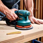 **A modern workshop interior showcasing a carpenter using a cordless, brushless orbital sander on a wooden surface. Focus on the tool's ergonomic design and the quiet environment, with acoustic foam panels visible on the walls. Include safety glasses and ear protection for the carpenter.**