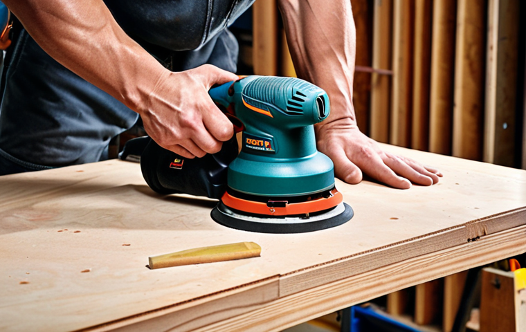 **A modern workshop interior showcasing a carpenter using a cordless, brushless orbital sander on a wooden surface. Focus on the tool's ergonomic design and the quiet environment, with acoustic foam panels visible on the walls. Include safety glasses and ear protection for the carpenter.**