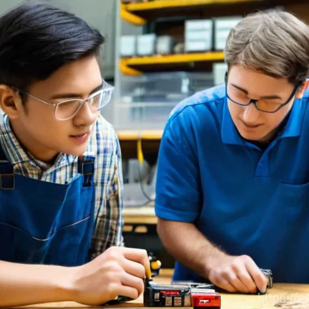전동 공구 배터리 재활용 방법 - **Prompt:** A clean, well-lit workshop. In the foreground, an adult male and a curious teenager, bot...