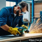 전동 공구와 수공구 비교 - A detailed workshop scene featuring a professional craftsman using a powerful electric drill to cut ...