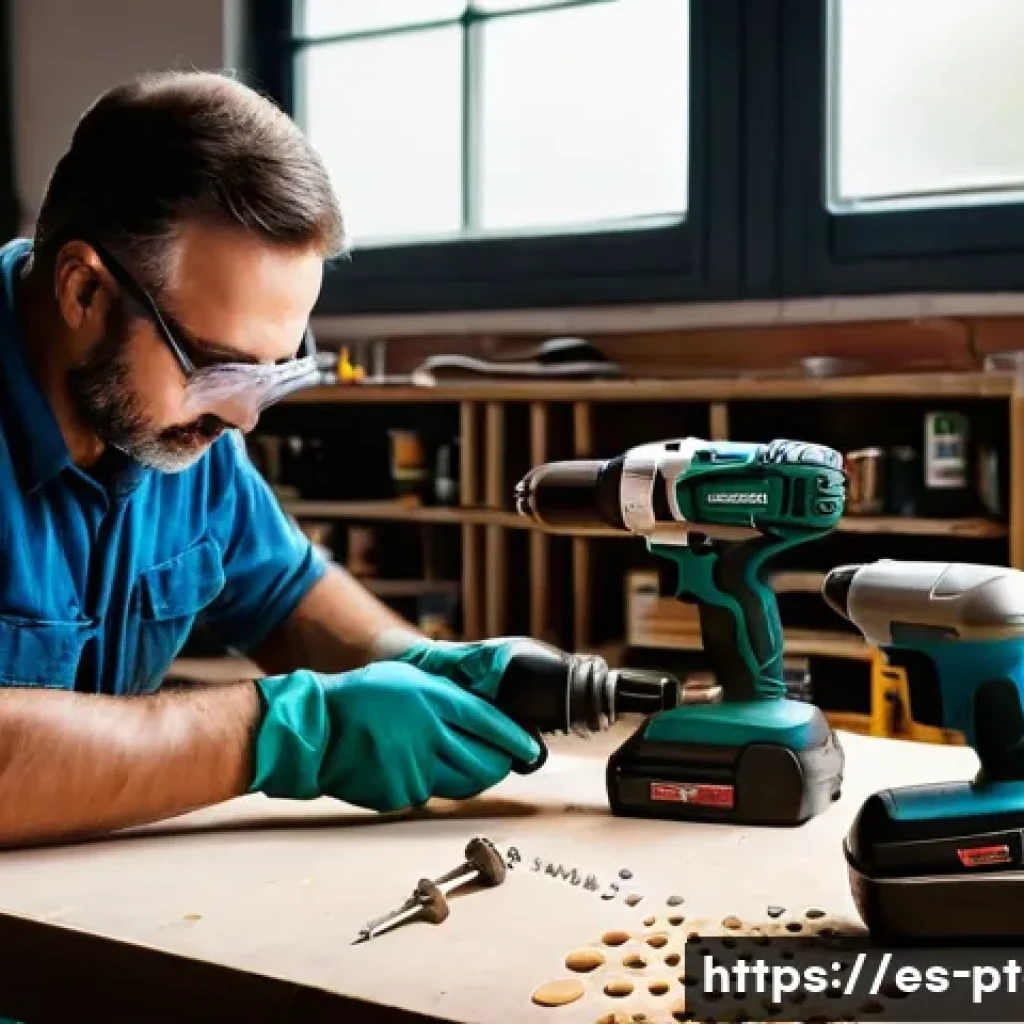 전동 공구 유지보수 전문가 인터뷰 - A detailed workshop scene showing a professional craftsman cleaning and lubricating an electric dril...