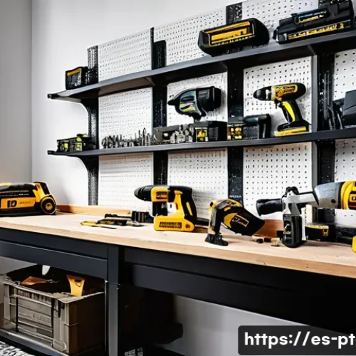 전동 공구 최저가 구매 방법 - A detailed scene of a modern Spanish home workshop with a variety of electric tools neatly organized...