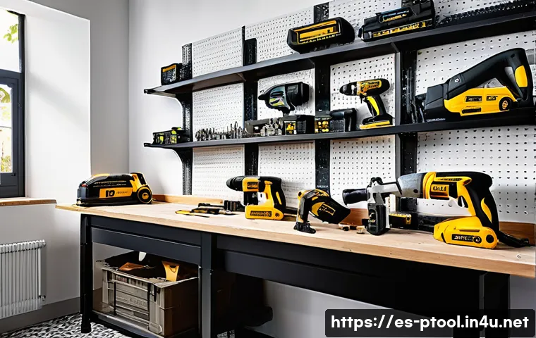 전동 공구 최저가 구매 방법 - A detailed scene of a modern Spanish home workshop with a variety of electric tools neatly organized...