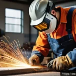 전동 공구로 철재 가공하는 법 - A professional metal workshop scene showcasing a craftsman using an angle grinder with a fresh abras...