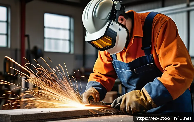 전동 공구로 철재 가공하는 법 - A professional metal workshop scene showcasing a craftsman using an angle grinder with a fresh abras...
