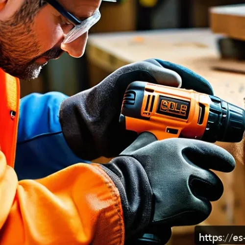 전동 공구 방진 성능 - A professional construction worker wearing protective gloves and safety glasses, using a modern elec...
