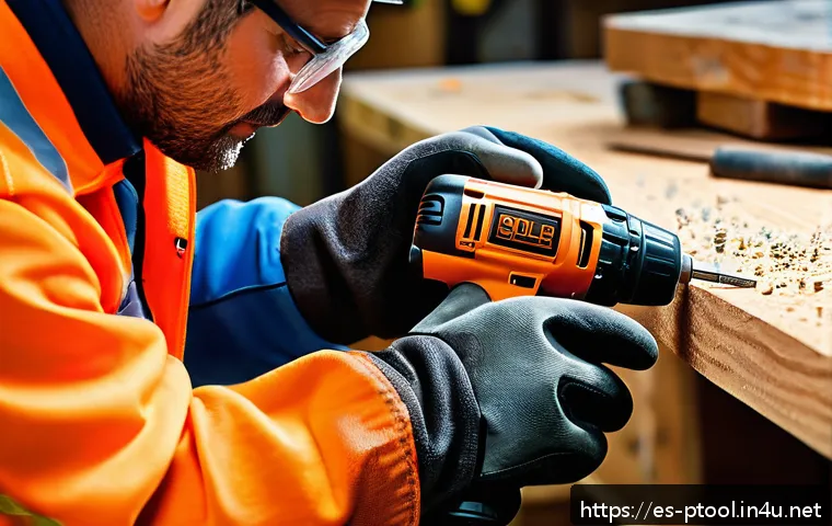 전동 공구 방진 성능 - A professional construction worker wearing protective gloves and safety glasses, using a modern elec...