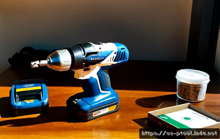 전동 공구 AS 정책 비교 - Photorealistic comparison scene in a bright Spanish home workshop, two cordless power drills placed ...