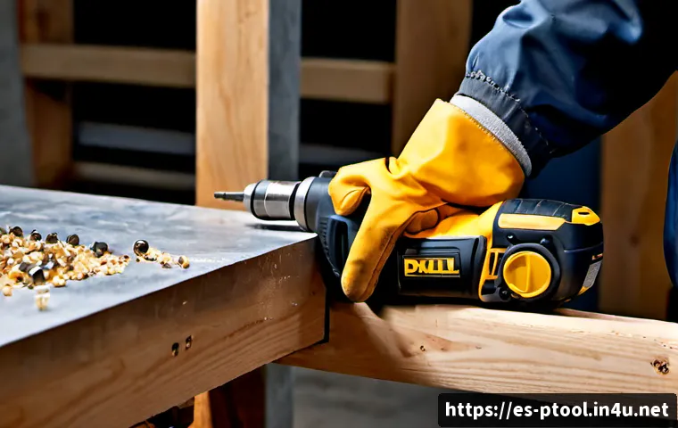 Home 17 전동 공구 내구성 테스트 결과 - Photorealistic workshop durability test scene, a cordless drill repeatedly driving screws into a thi...