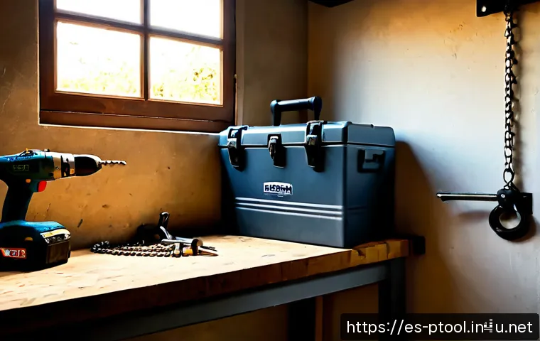 전동 공구 도난 방지 방법 - Photorealistic Spanish home garage workshop, a cordless drill and compact power saw secured inside a...