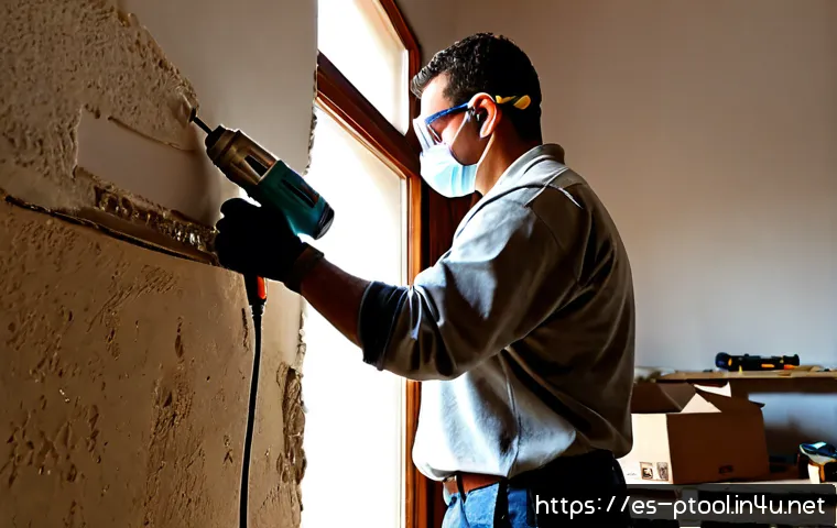 Home 17 전동 공구로 벽 뚫는 법 - Photorealistic home improvement scene in a bright Spanish apartment, an adult DIY homeowner wearing ...