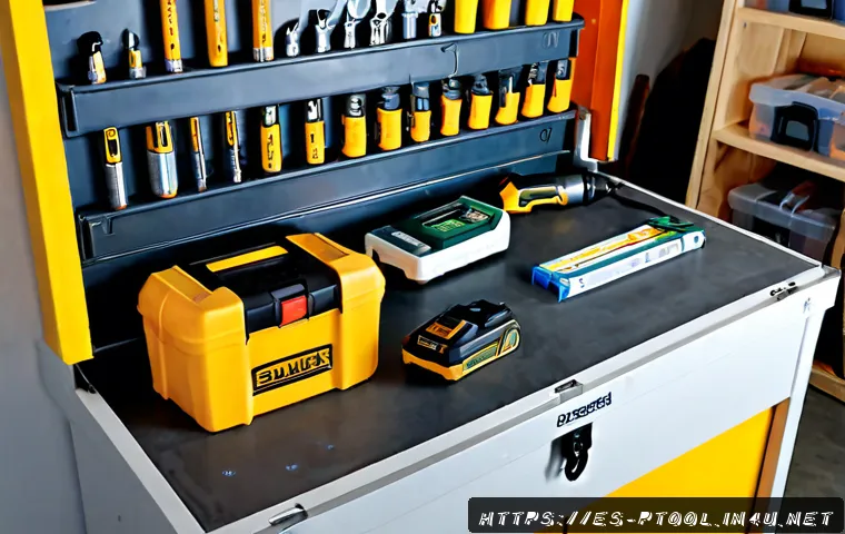 전동 공구 공구함 정리법 - Photorealistic organized home workshop in a Spanish apartment garage, open sturdy tool chest with co...